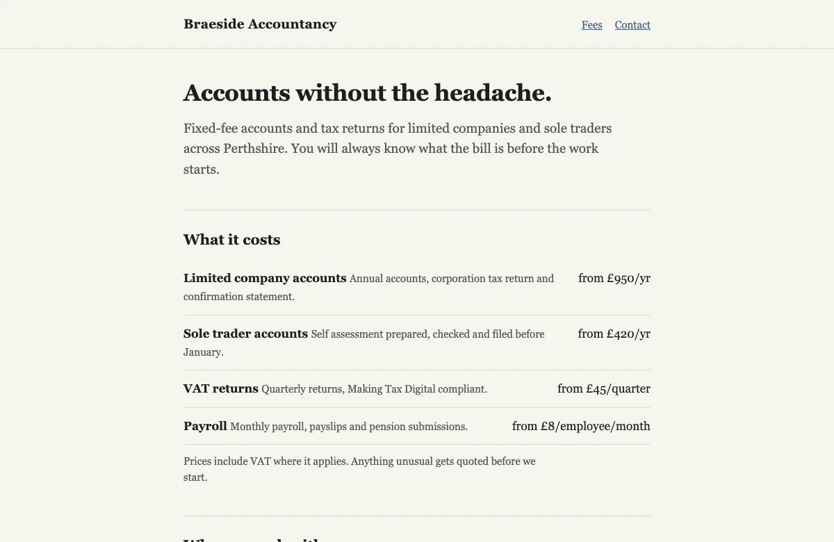 Homepage of Braeside Accountancy, showing its published fee table and contact details.