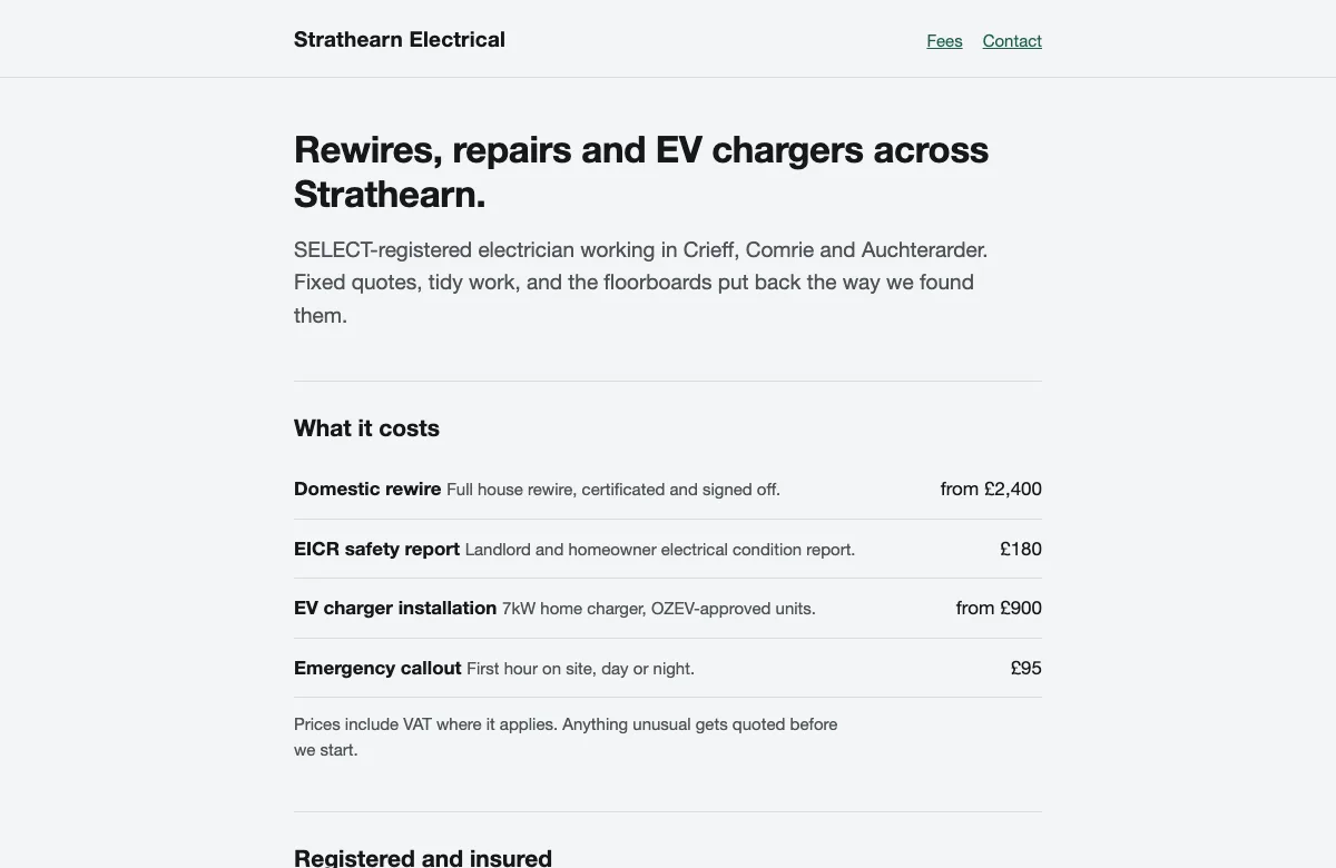 Homepage of Strathearn Electrical, showing its published prices and contact details.