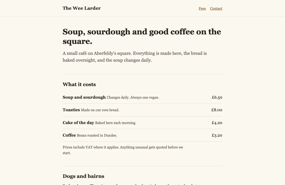 Homepage of The Wee Larder, showing its published prices and contact details.